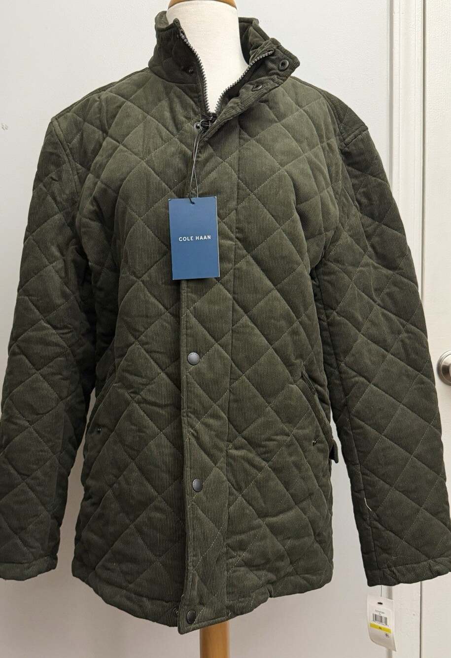 NEW Cole Haan Men's Corduroy Quilted Barn Jacket Snap & Zip Front Olive Medium M
